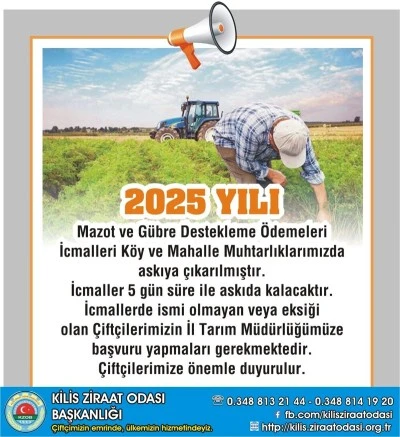 2025 Yılı Mazot ve G&uuml;bre Destekleme İcmalleri Askıya &Ccedil;ıkarıldı