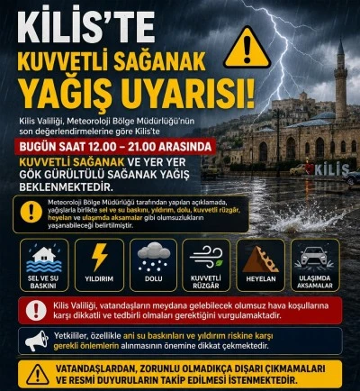 Kilis&rsquo;te kuvvetli sağanak yağış uyarısı