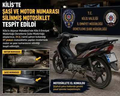 Kilis&rsquo;te şasi ve motor numarası silinmiş motosiklet tespit edildi