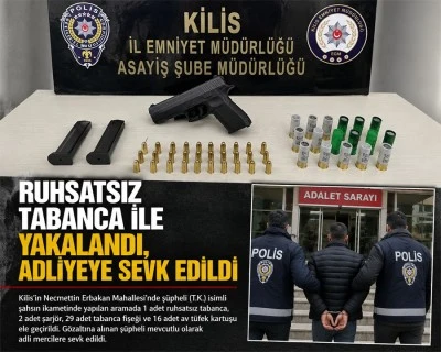 Ruhsatsız tabanca ile yakalandı, adliyeye sevk edildi